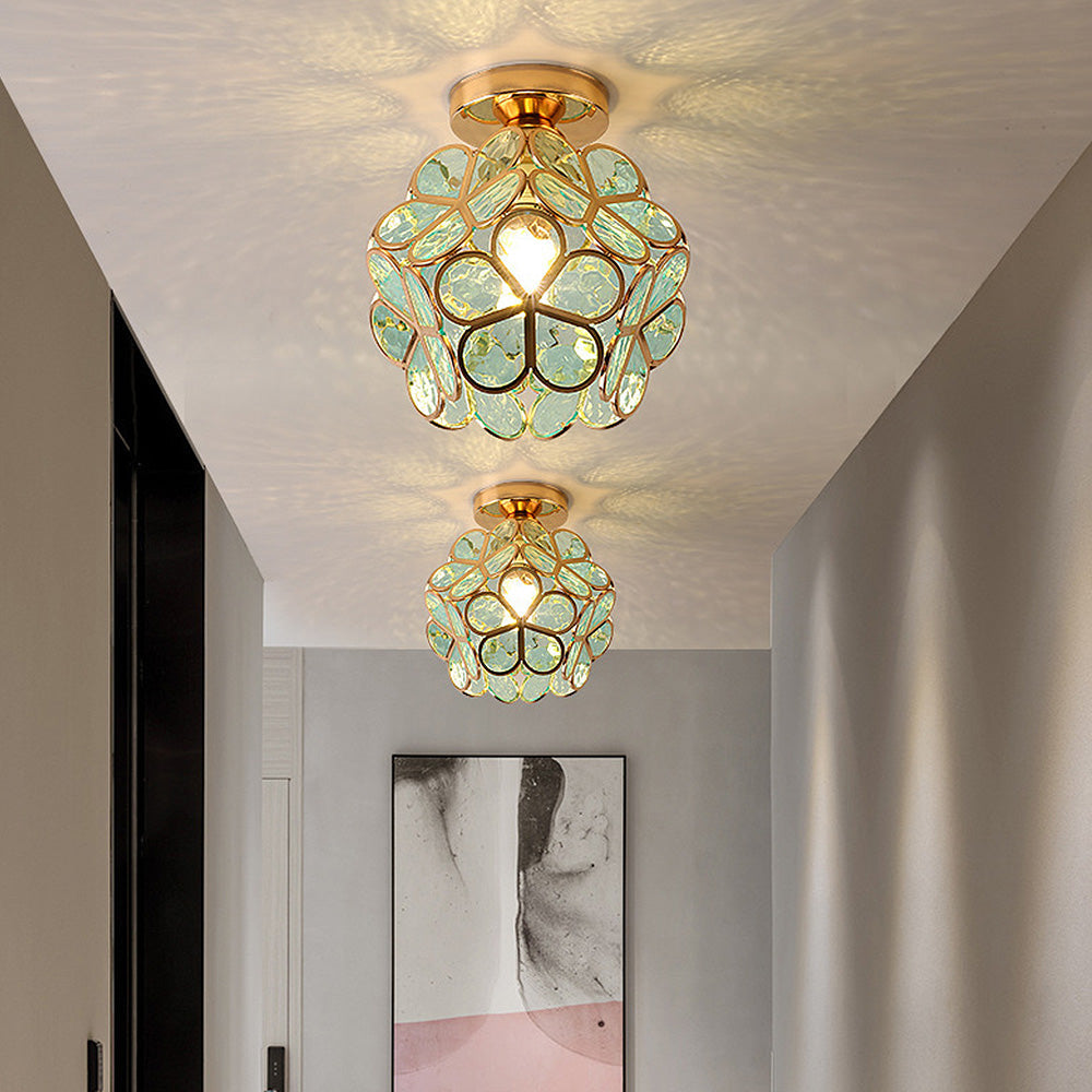 Floris plafondlamp Acryl Bloemmotief - Gouden lamphouder, Groen D20xH25cm