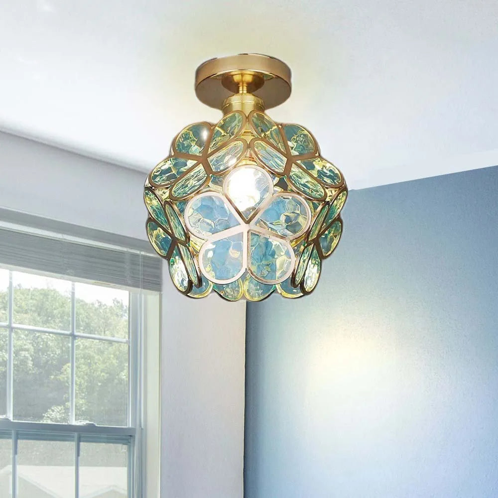 Floris plafondlamp Acryl Bloemmotief - Gouden lamphouder, Groen D20xH25cm